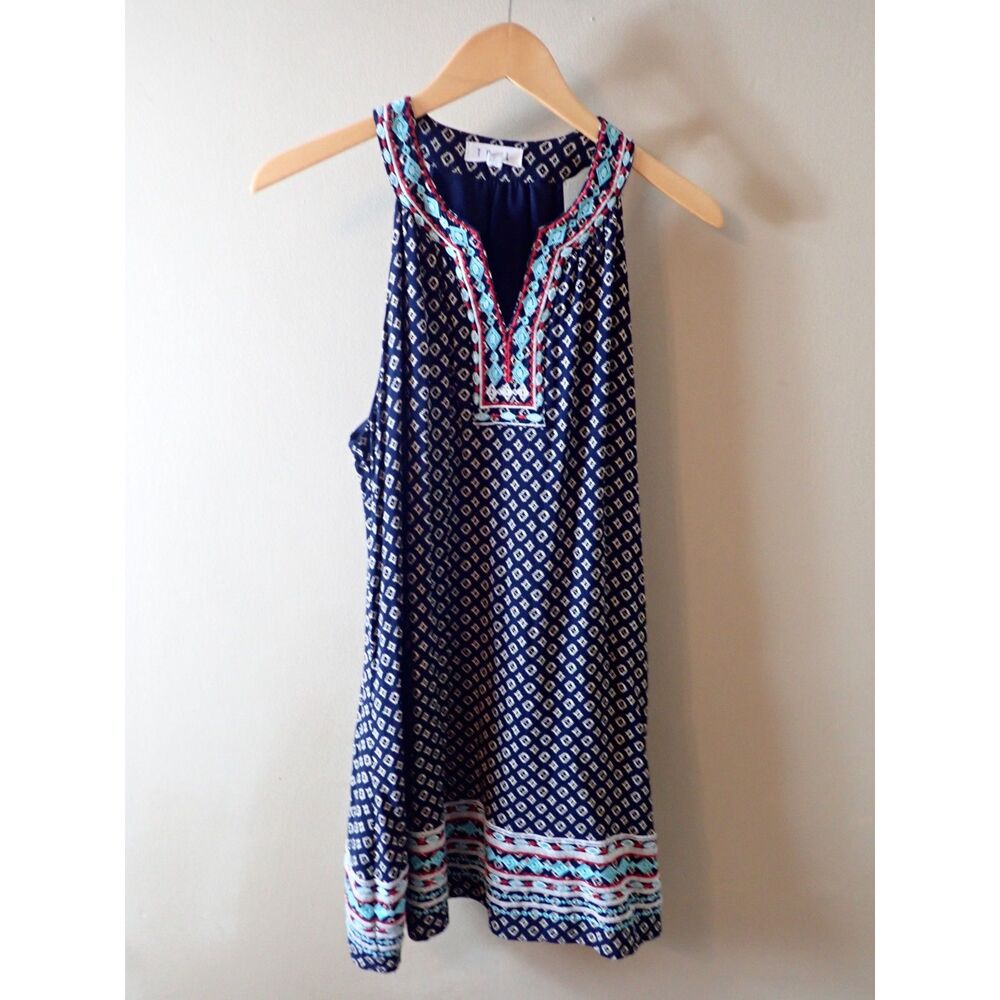 THML Dress Navy Blue Geometric Embroidered Detail Sleeveless Large Lined